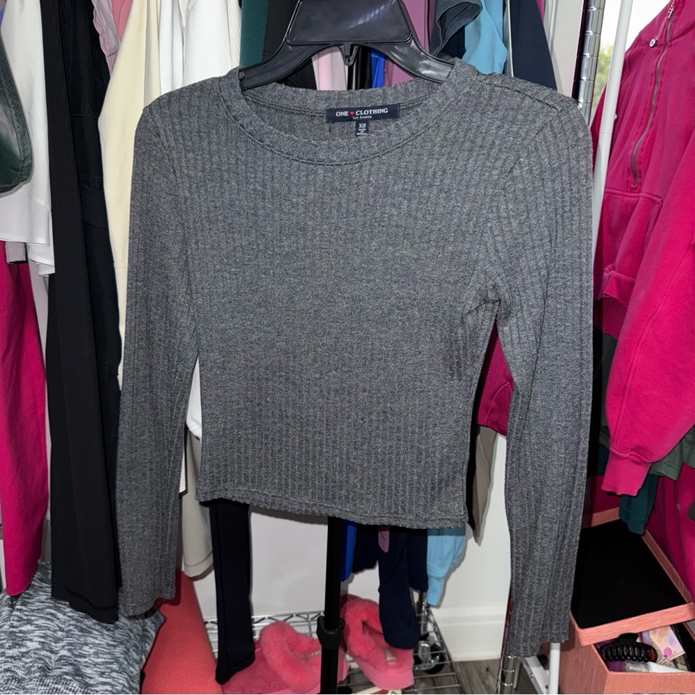 One Clothing Charcoal Ribbed Long Sleeve Crop Top